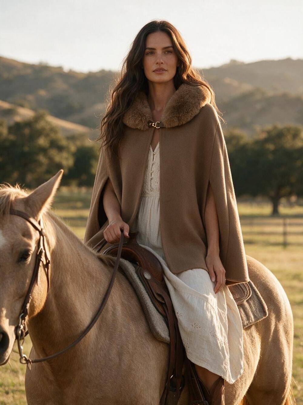 Vince Camuto Faux Fur Trim Cape Coat Poncho Open Front Camel EUC OS